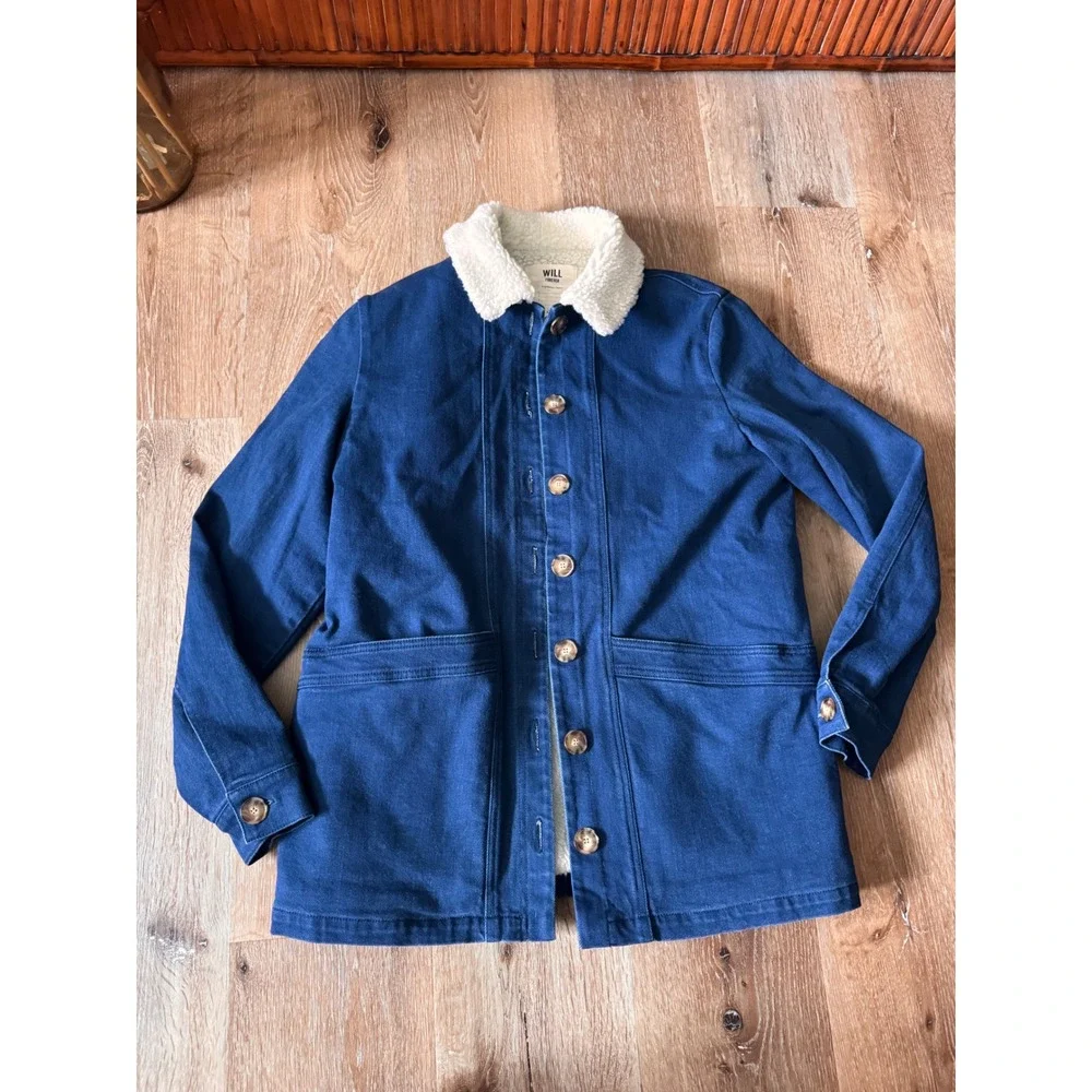 Sezane Will Forever Jacket Indigo Denim Faux Shearling Lined Chore Jacket Size S